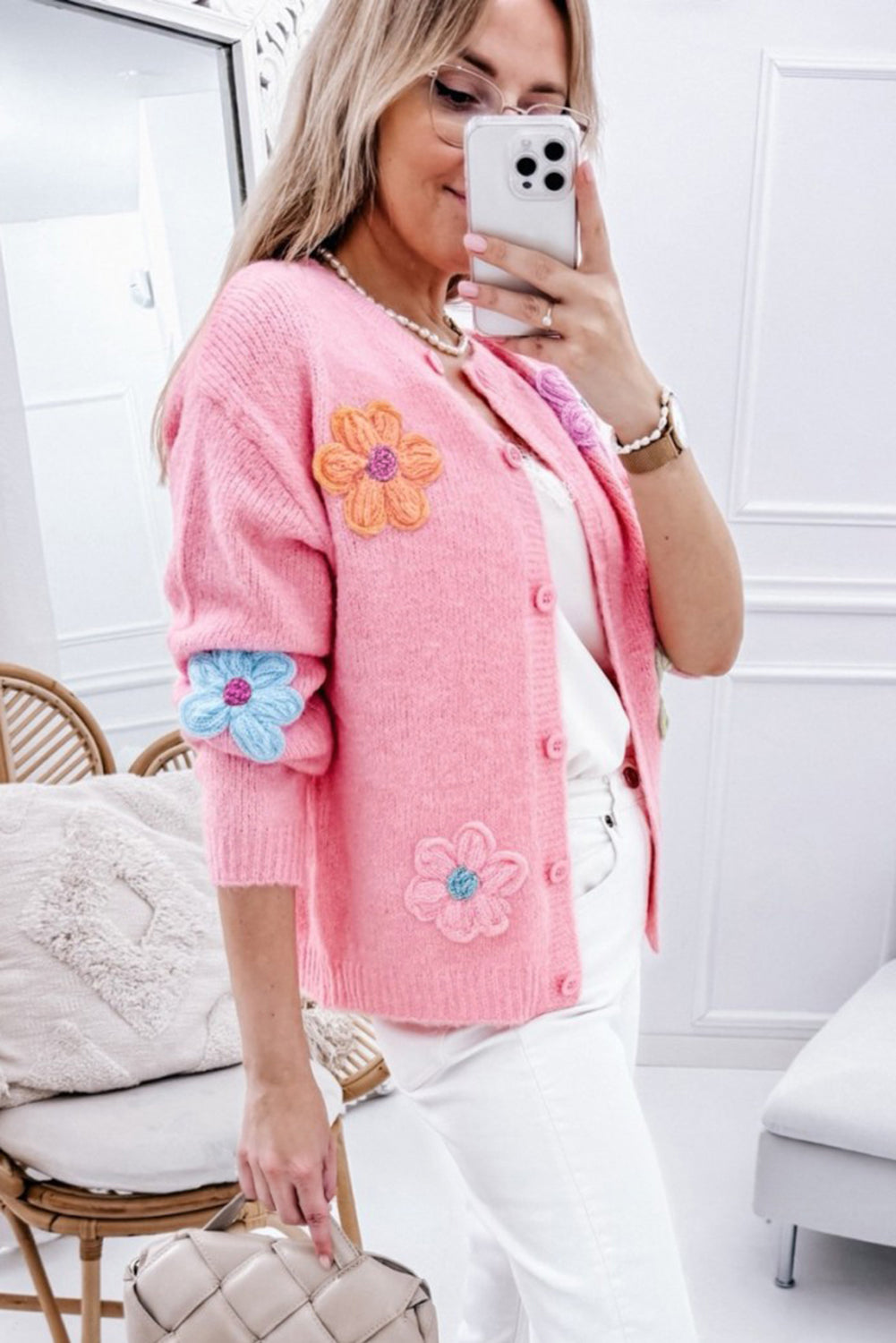 Pink Knit Floral Button Up Cardigan