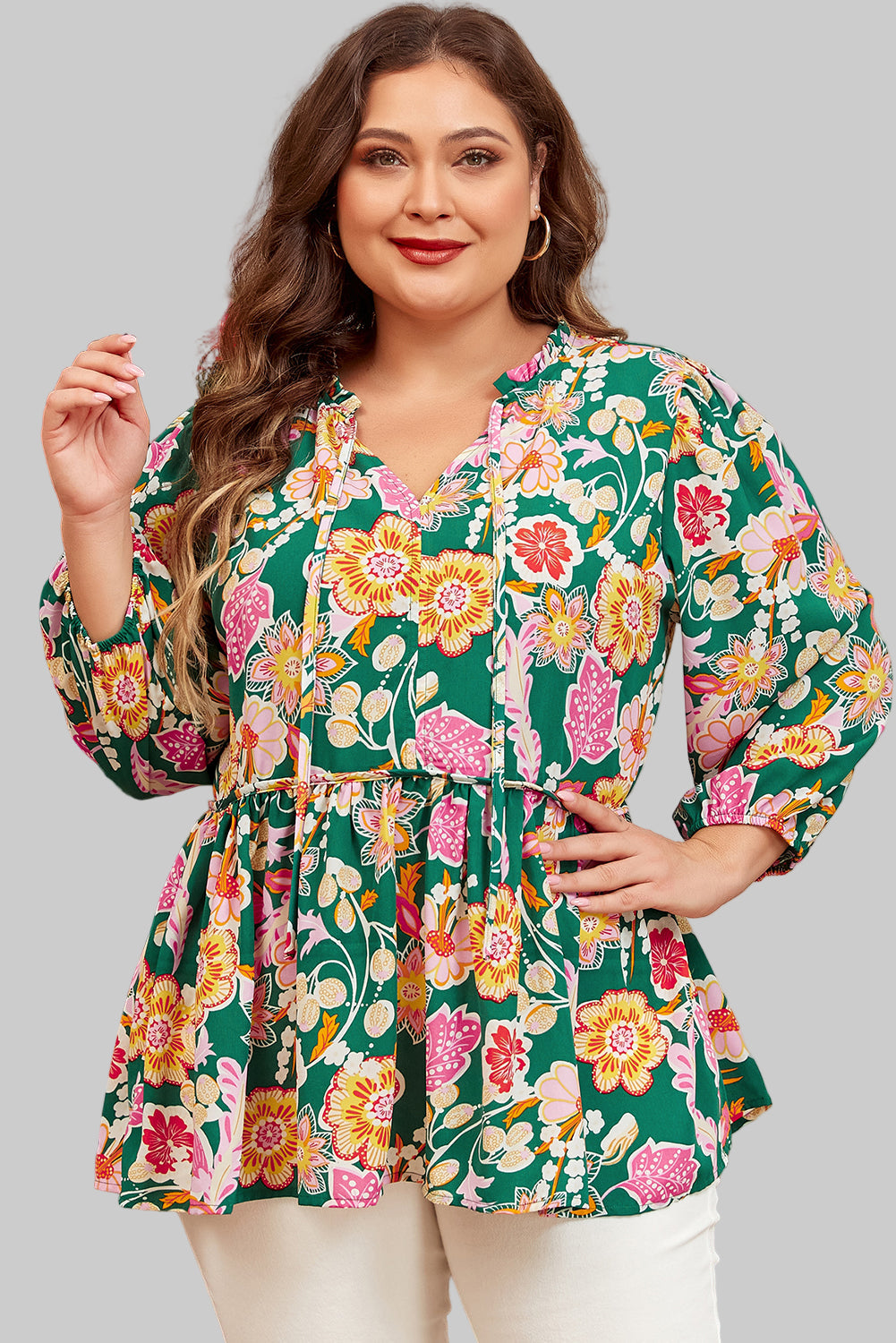 Green Floral Long Sleeve Babydoll Top