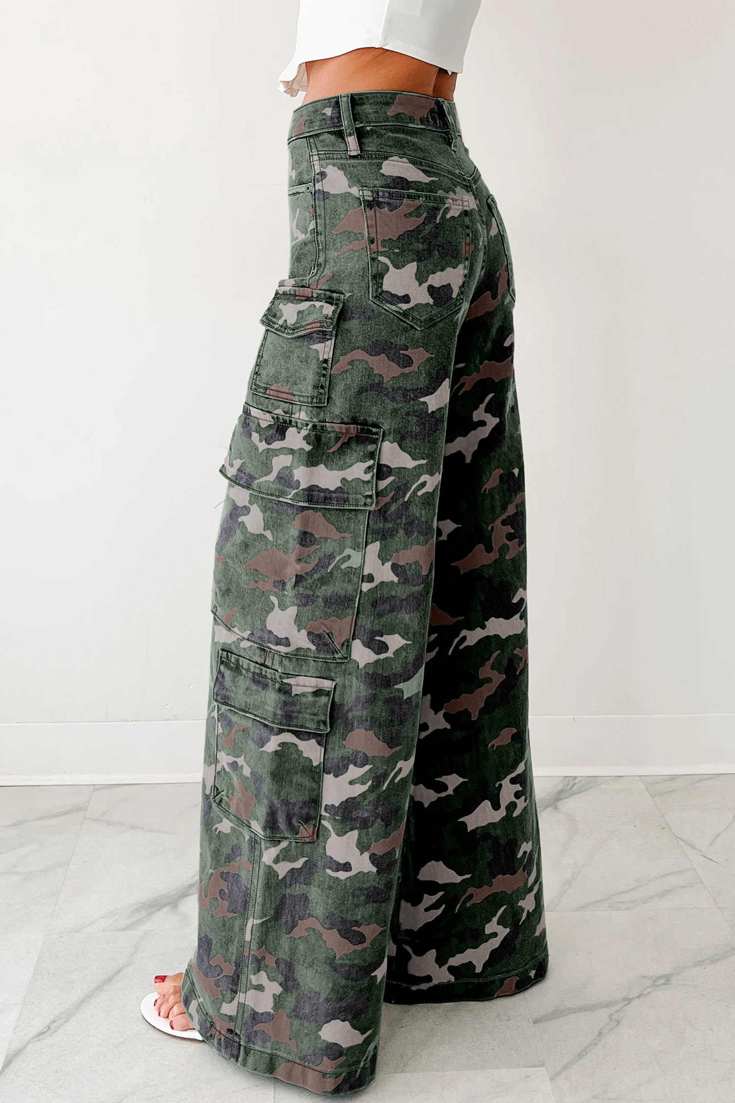 Green Camo Denim Cargo Wide Leg Pants Bazaarre Mart Bottoms/Jeans