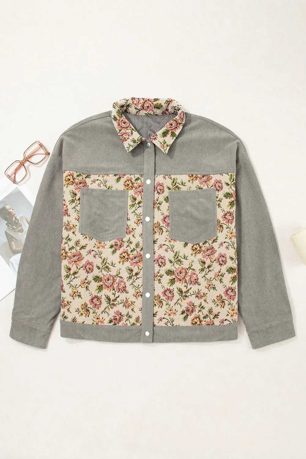 Medium Grey Corduroy Floral Patchwork Vintage Jacket