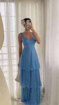 Multi-layer Pleated Strappy Maxi Dress Sky Blue Bazaare Mart