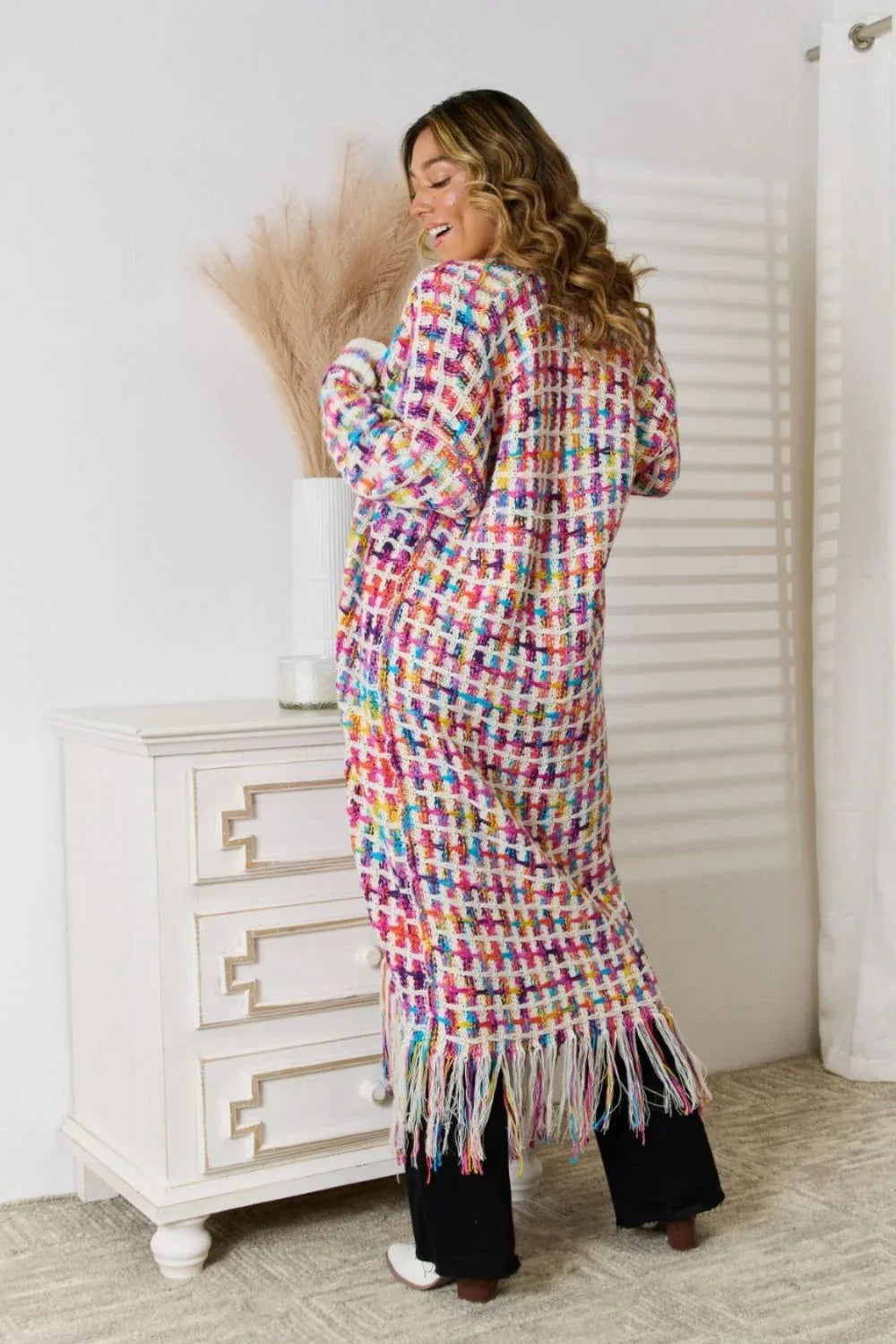 Multicolor Open Front Fringe Hem Duster Cardigan Bazarre Mart Multicolored Open Front Fringe Long Sweater