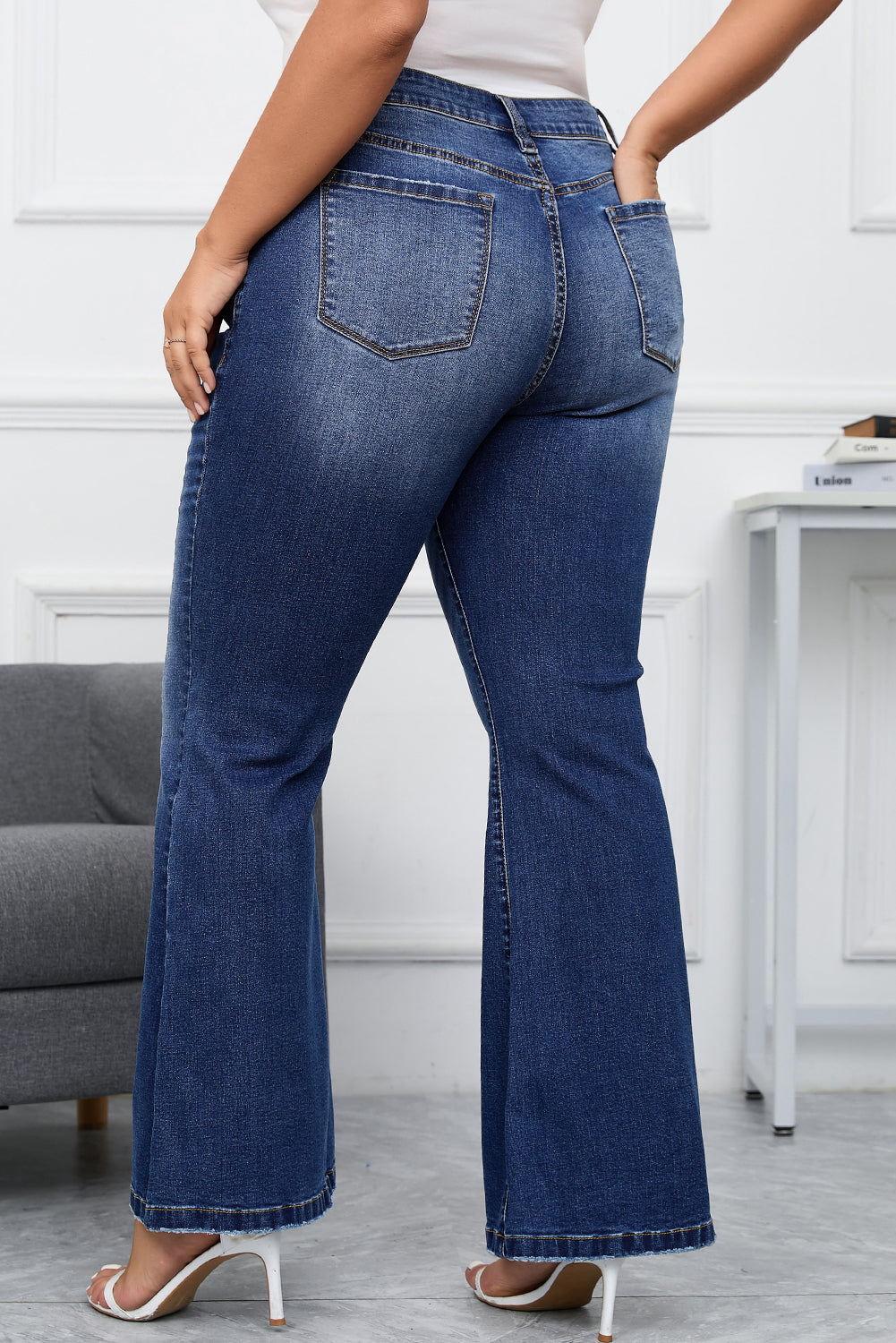 Back of Dark Blue Washed Plus Size Flare Jeans