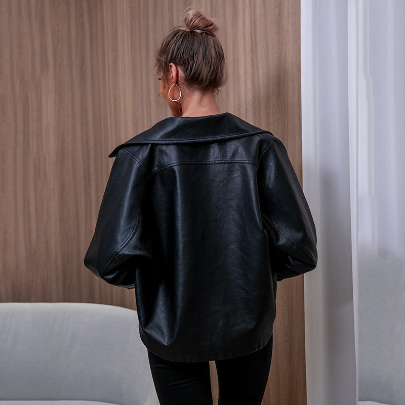 Short Black Double Breast PU Leather Jacket