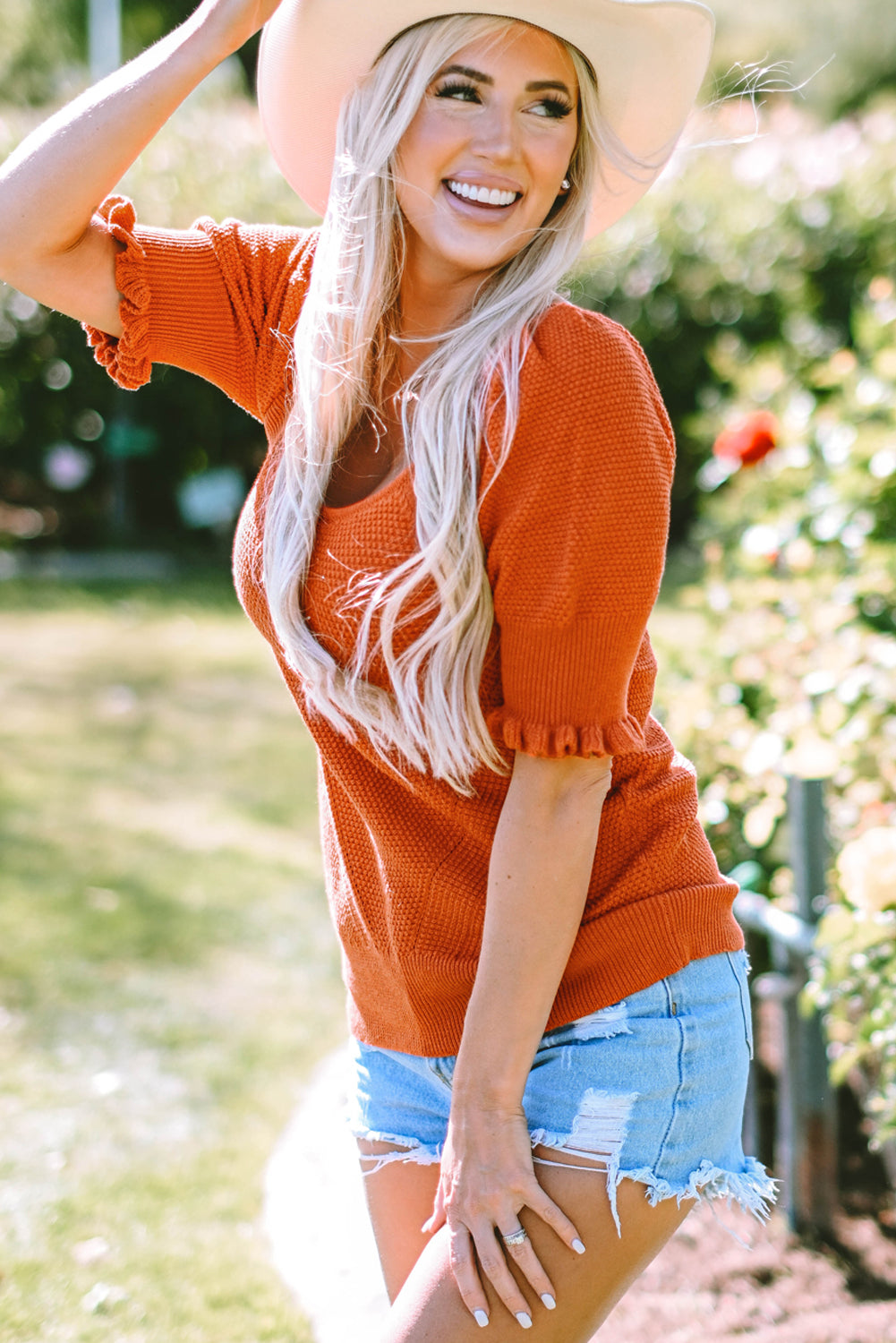 Gold Flame Textured Knit Half Sleeve Scoop Neck Top