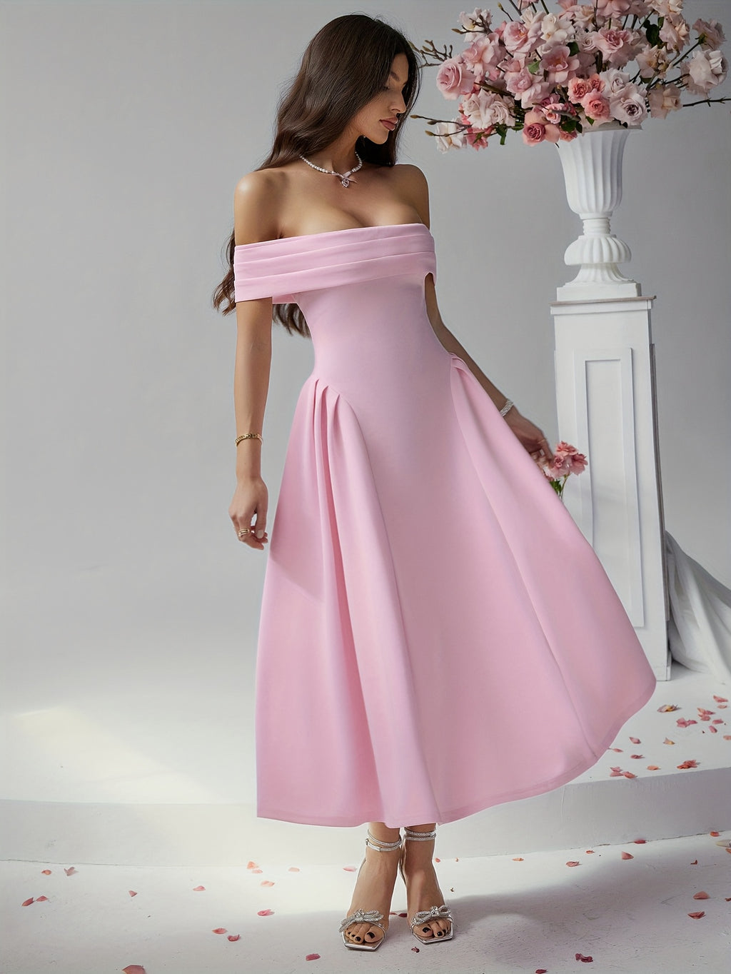Elegant Pure Color High Waist Off Shoulder Midi Dress