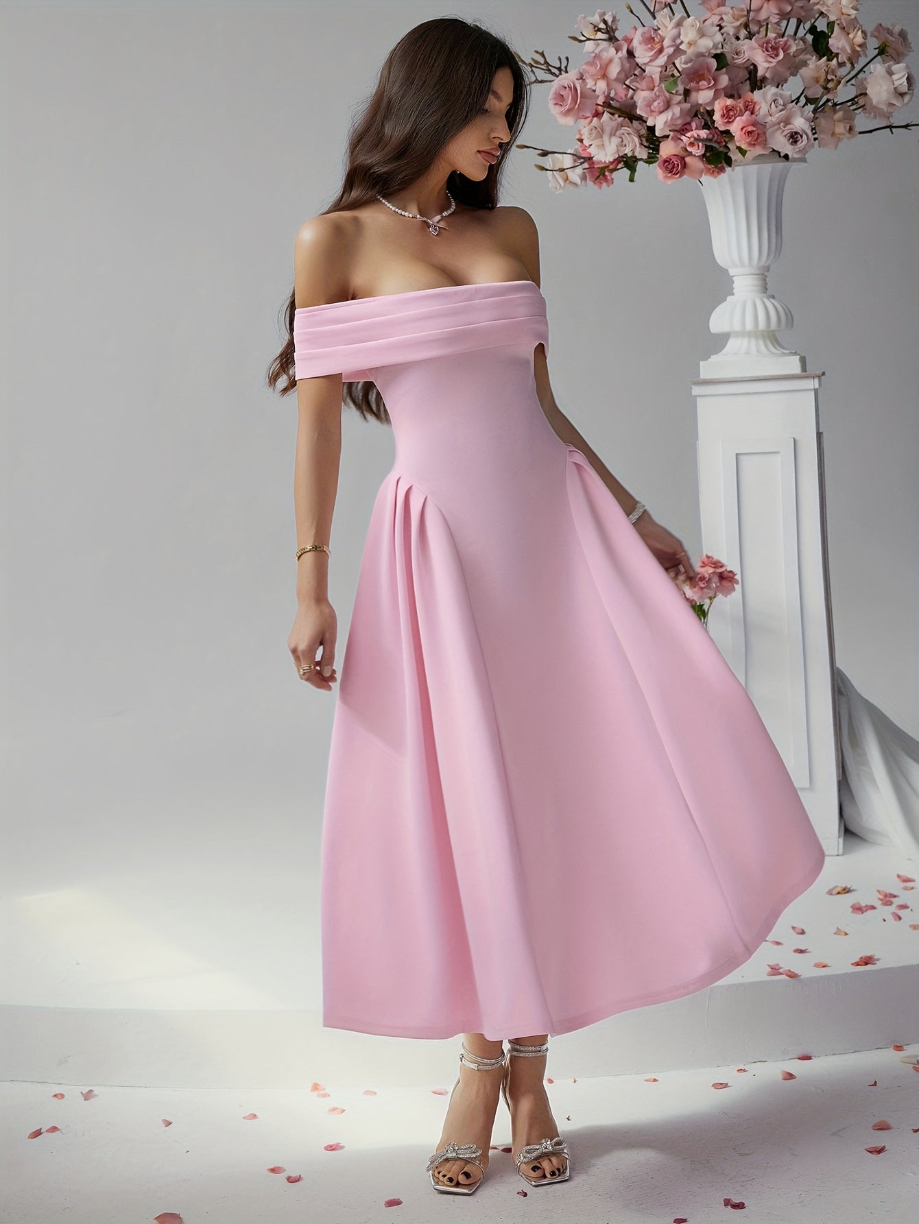 Elegant Pure Color High Waist Off Shoulder Midi Dress