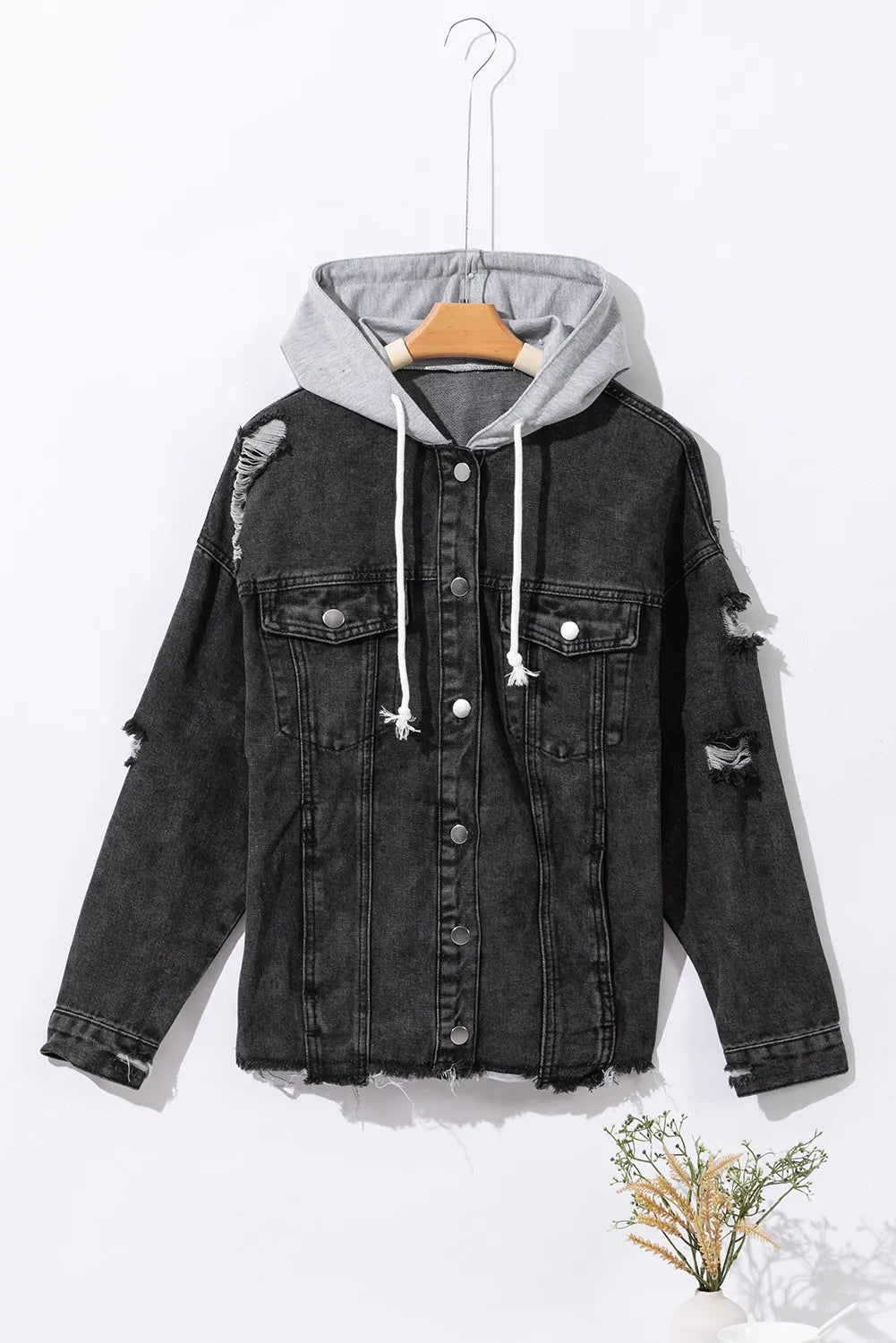 Distressed Drawstring Hooded Denim Jacket