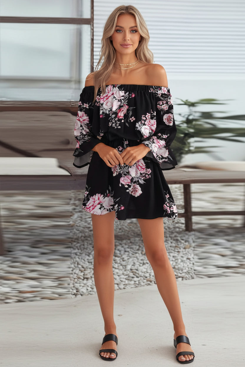 Floral Print Off-Shoulder Ruffle Sleeve Mini Dress Black Pink Flower CJ Dropshipping Off Shoulder Dress