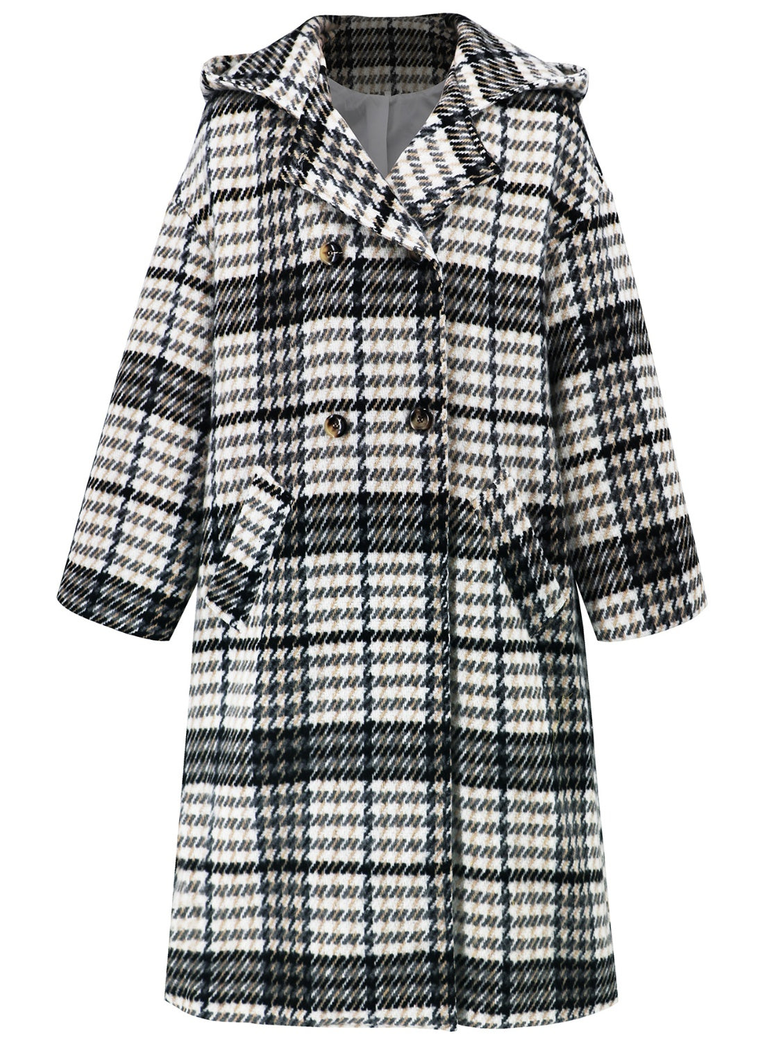 Plaid Double-Breasted Hooded Dress Coat