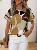 Contrast Round Neck Short Sleeve Blouse Camel Trendsi Abstract Top