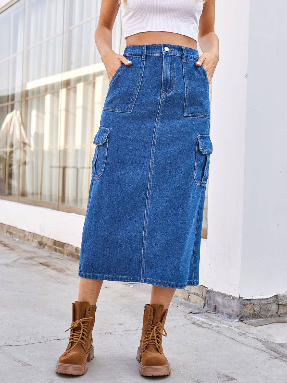 Back Slit Denim Midi Skirt with Pockets