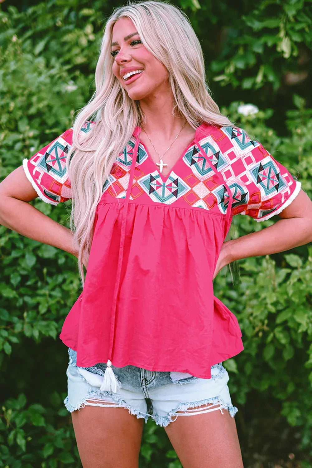 Strawberry Geo Embroidered Tassel Tie Blouse Bazaare Mart Tops/Blouses & Shirts