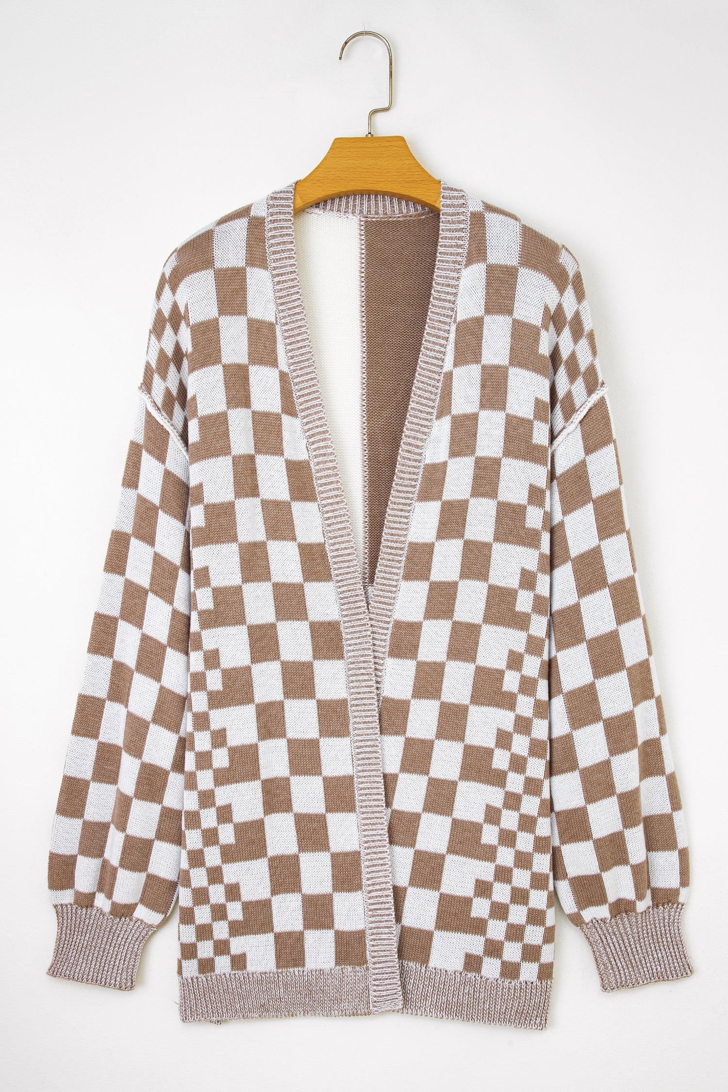 Checkered Bubble Sleeve Drop Shoulder Open Cardigan bazaare mart Plus Size/Plus Size Sweaters & Cardigans