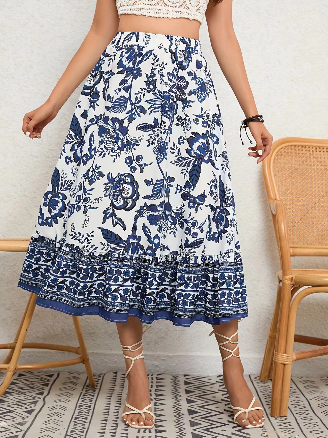 Boho Blue and White Porcelain Printed A- Line Skirt CJ Dropshipping Boho Blue and White Skirt