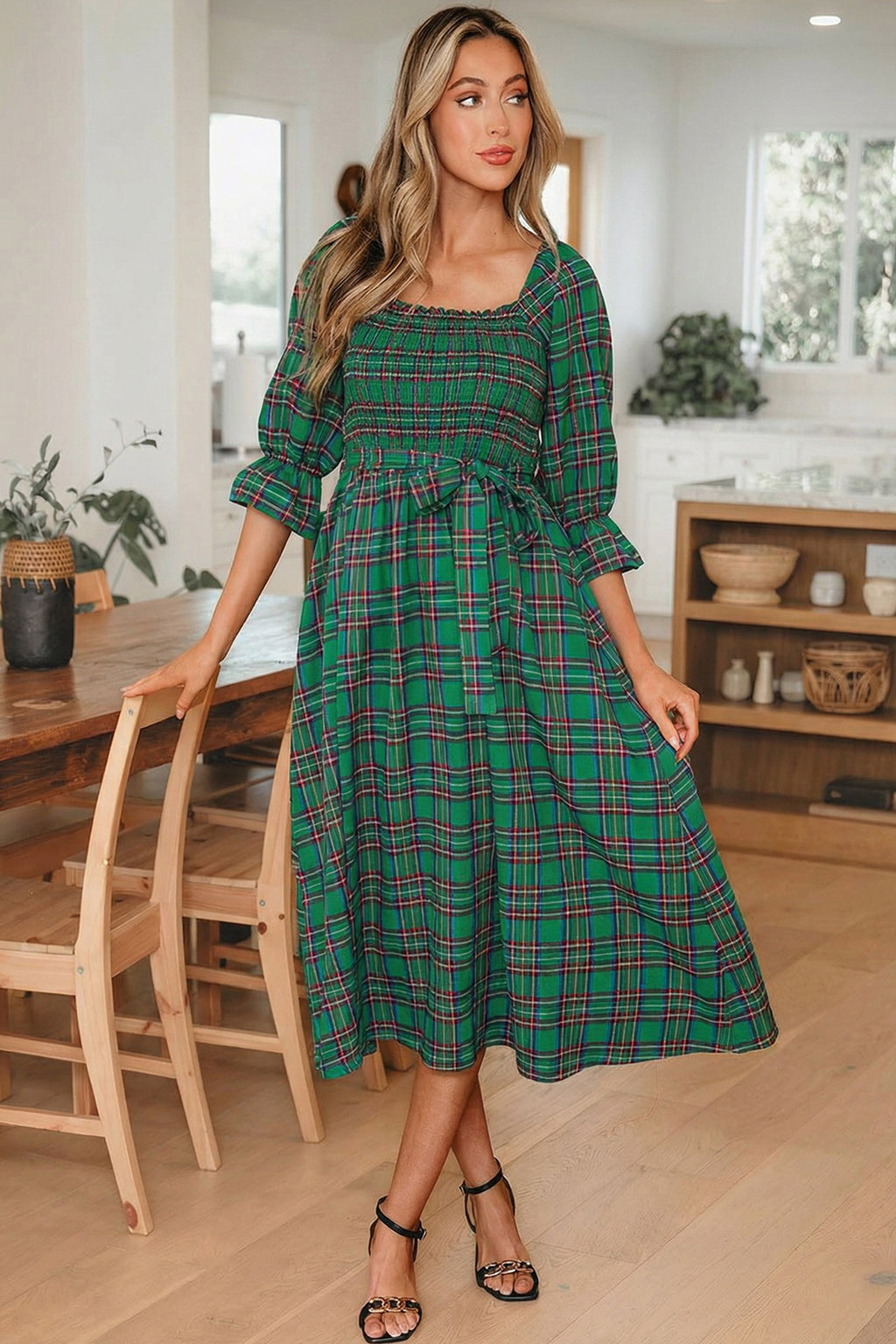 Tartan Plaid Square Neck Puff Sleeve Flared Midi Dress Bazaarre Mart Dresses/Maxi Dresses
