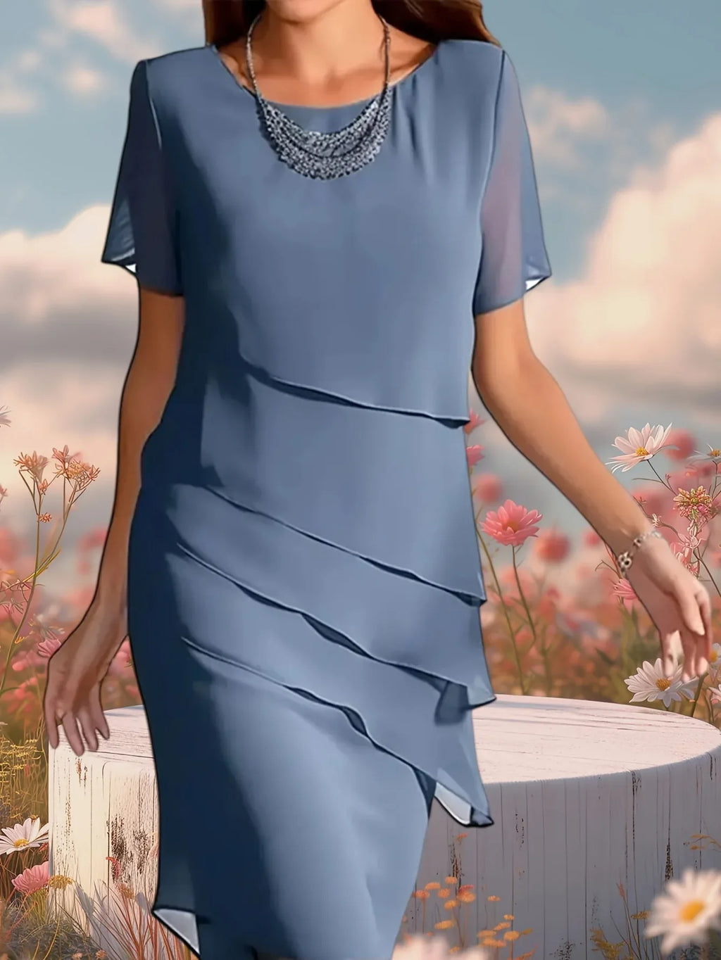 Round Neck Half Sleeve Layered Chiffon Dress Bazaare Mart Short Sleeve Dress