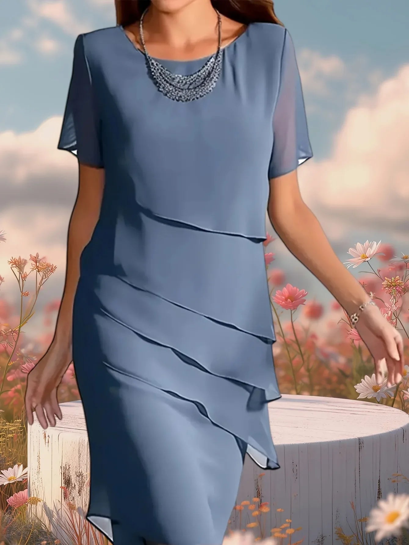 Round Neck Half Sleeve Layered Chiffon Dress Bazaare Mart Short Sleeve Dress