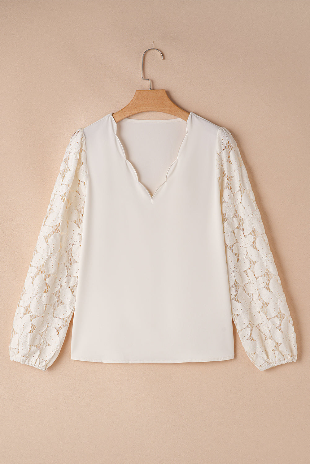 White Scalloped V Neck Hollowed Lace Lantern Sleeve Blouse