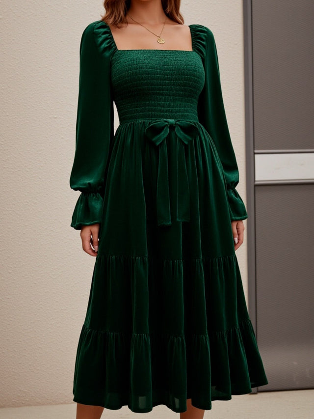 Green Velvet Square Neck Ruffled Long Sleeve Midi Dress