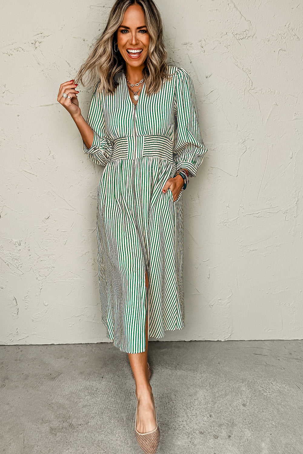 Green Striped V Neck Zip Midi Dress