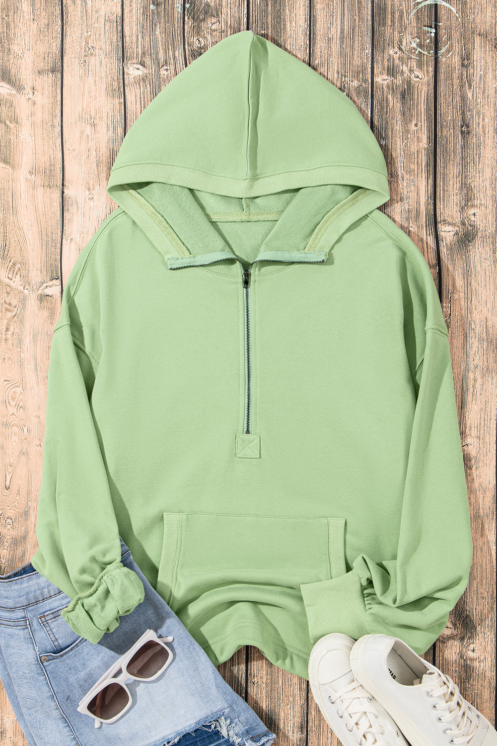 Smoke Green Solid Kangaroo Pocket Half Zipper Oversized Hoodie