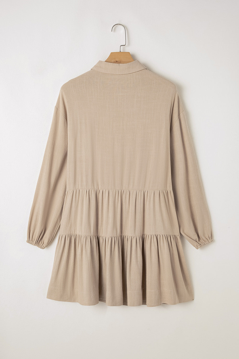 Tan Puff Sleeve Buttoned Tiered Pleated Shirt Mini Dress