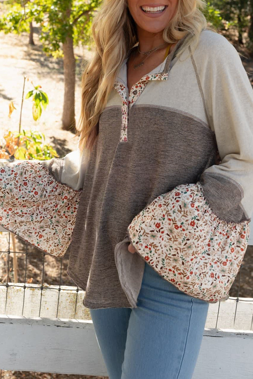 Floral Patchwork Flared Sleeve Henley Top