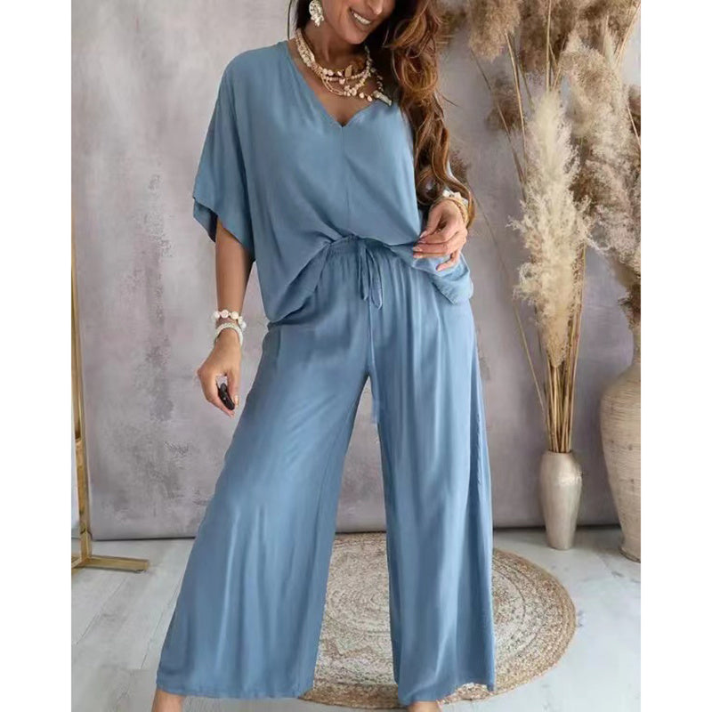 Solid Color V-Neck Half Sleeve Top And Wide Leg Pants Set