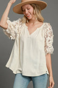 Umgee Plus Size French Terry Boxy Cut Top with 3D Floral Sleeve OATMEAL Bazarre Mart Cream Lace Top