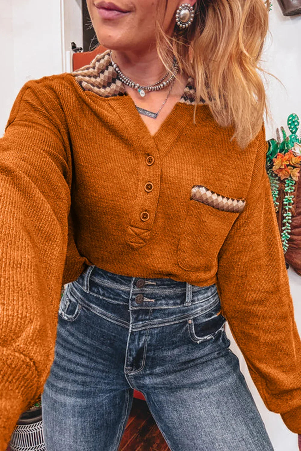 Colorblock Plaid Hooded Henley Shewin Sweatshirts & Hoodies