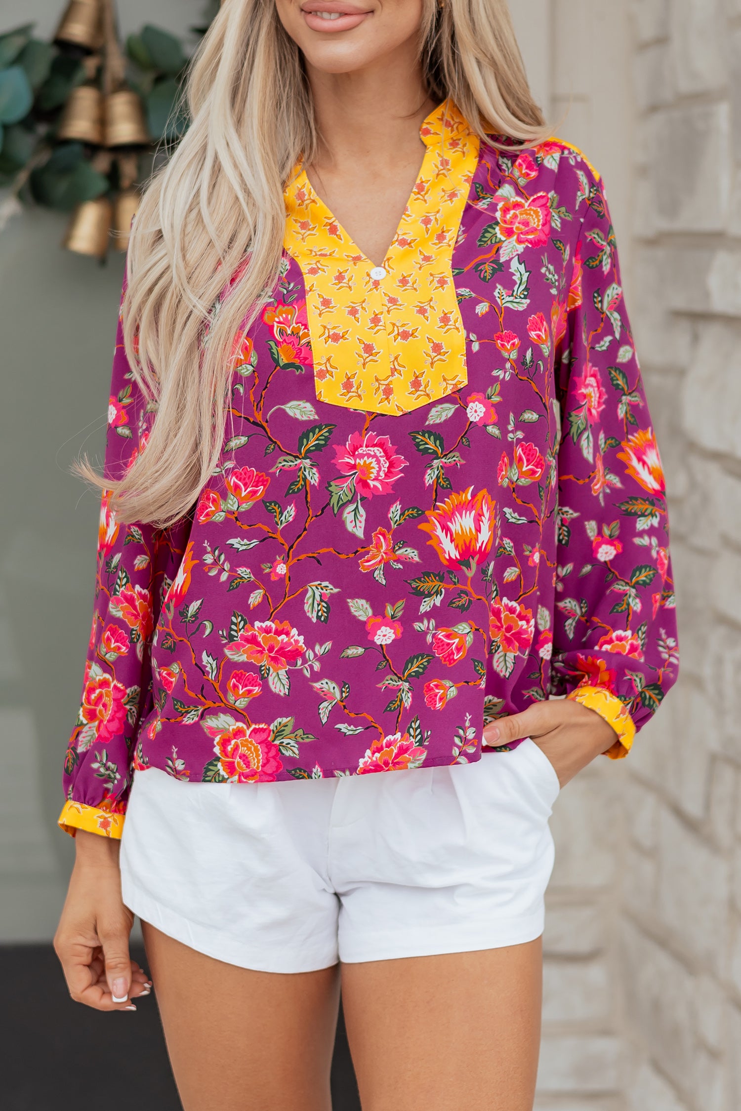 Rose Contrast V Neck Floral Blouse Bazaare Mart Tops/Blouses & Shirts