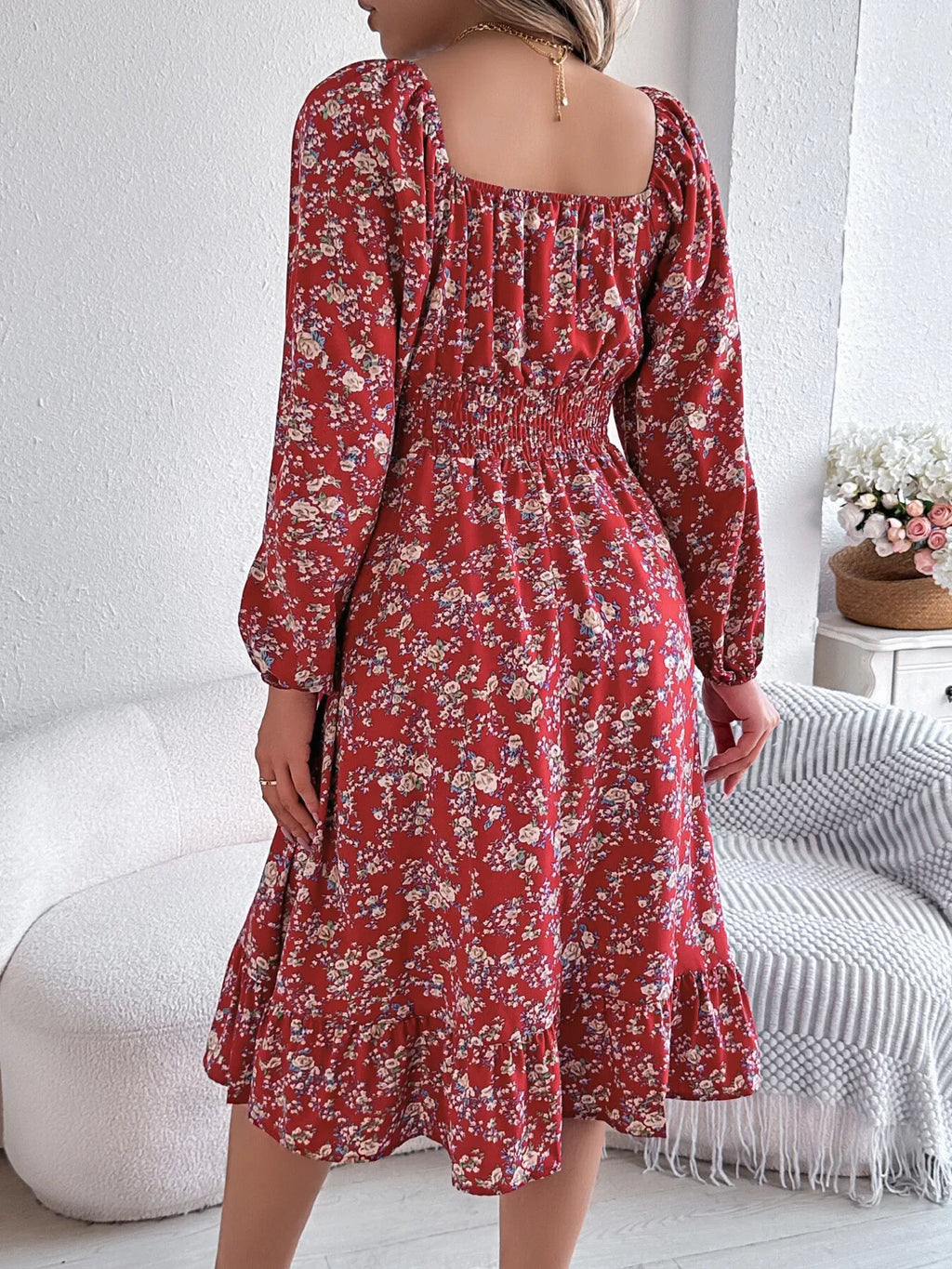 Floral Long Sleeve Square Neck Midi Dress Bazaare Mart Long Sleeve Floral Peasant Dress