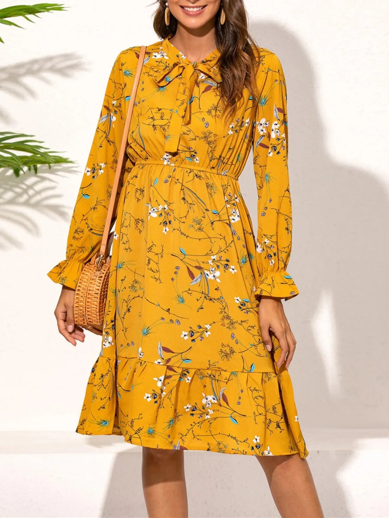 Ruffled Hem Floral Print Long Sleeve Dress Gold Trendsi Long Sleeve Yellow Dress