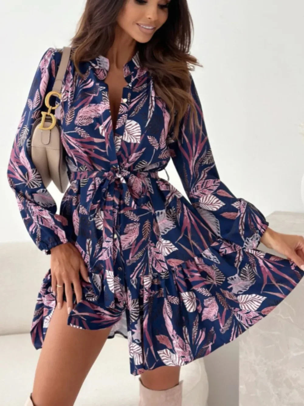 Ruffle Hem Floral Long Sleeve Mini Dress Navy Bazarre Mart Ruffle Hem Floral Long Sleeve Dress