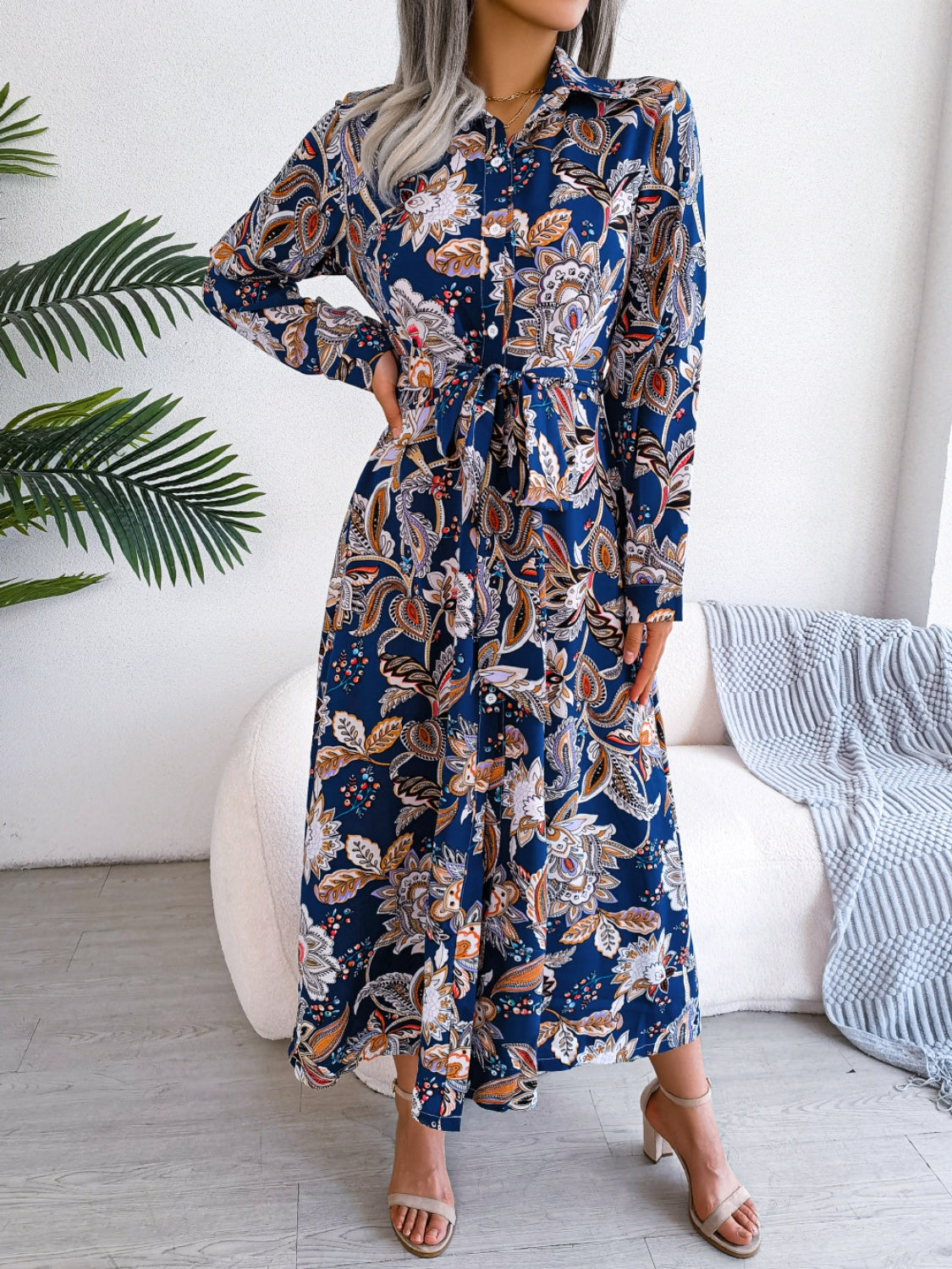 Tied Floral Long Sleeve Midi Dress