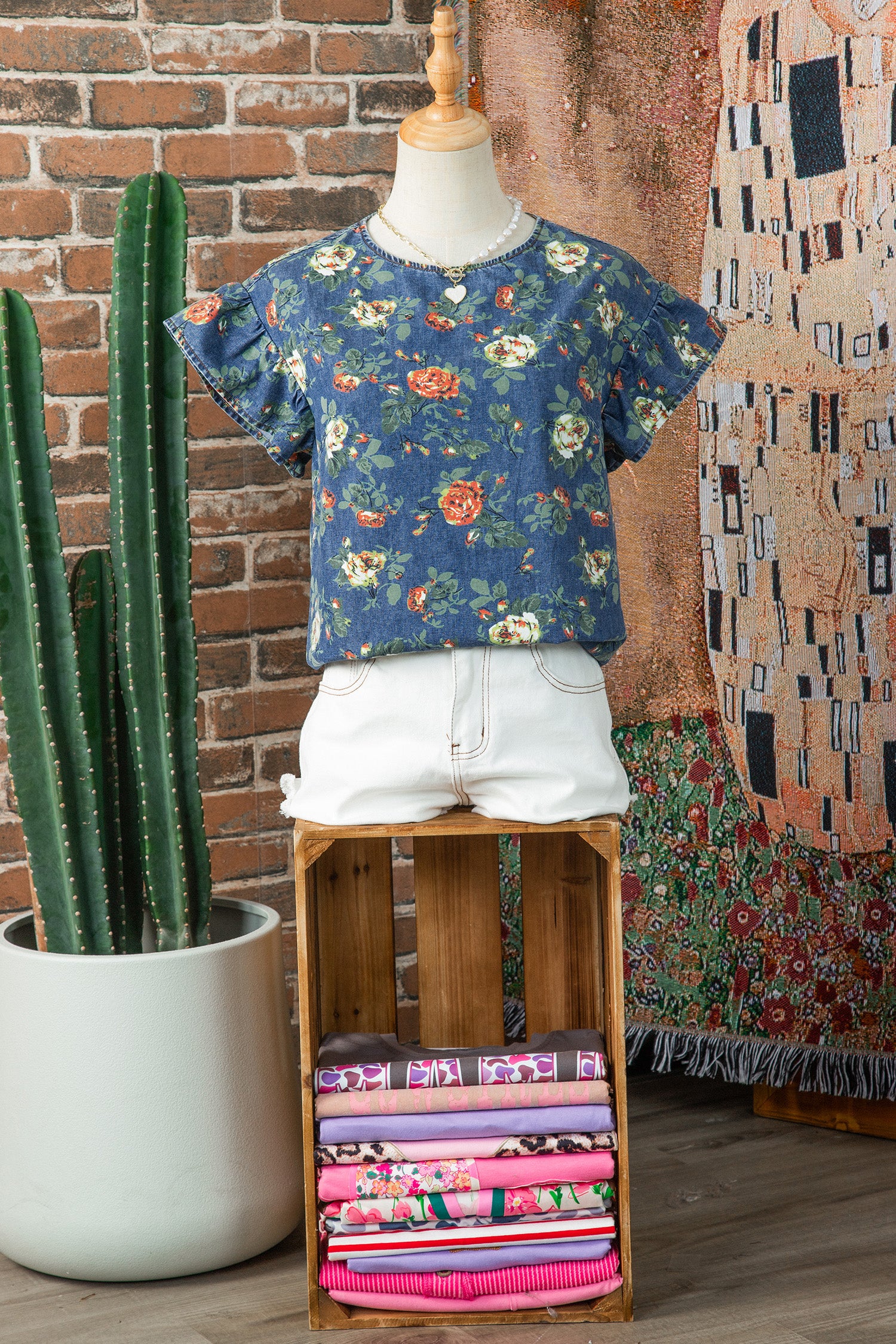 Ashleigh Blue Floral Denim Top – Ruffle Sleeve Washed Denim Blouse Dear-Lover Dropshipping Tops/Tops & Tees