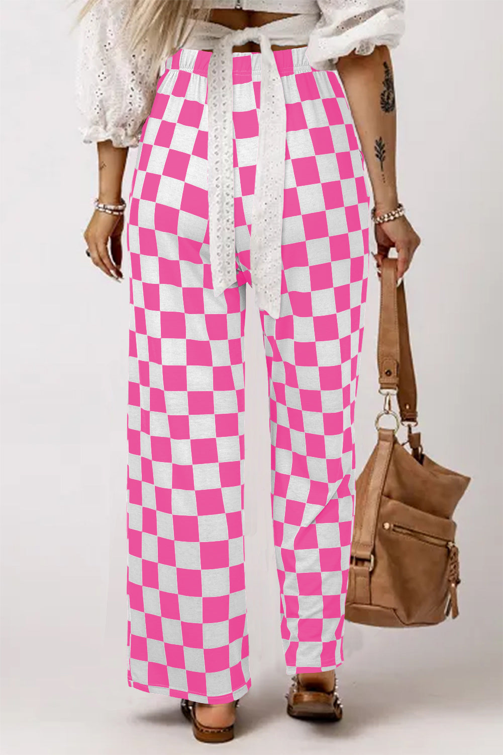 Pink & White Checkered Print High Waist Wide Leg Pants