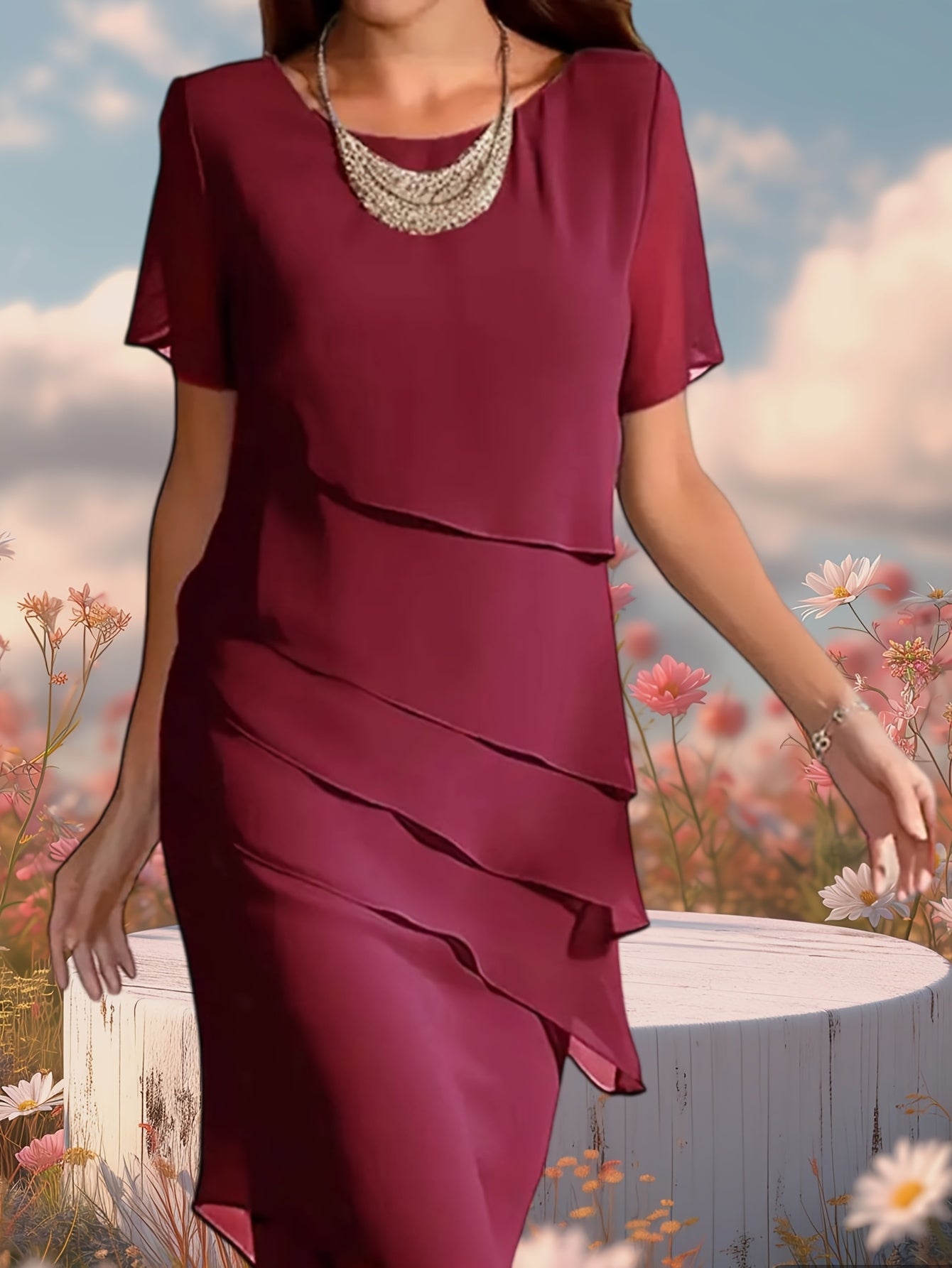 Short Sleeve Layered Slim Fit Chiffon Dress