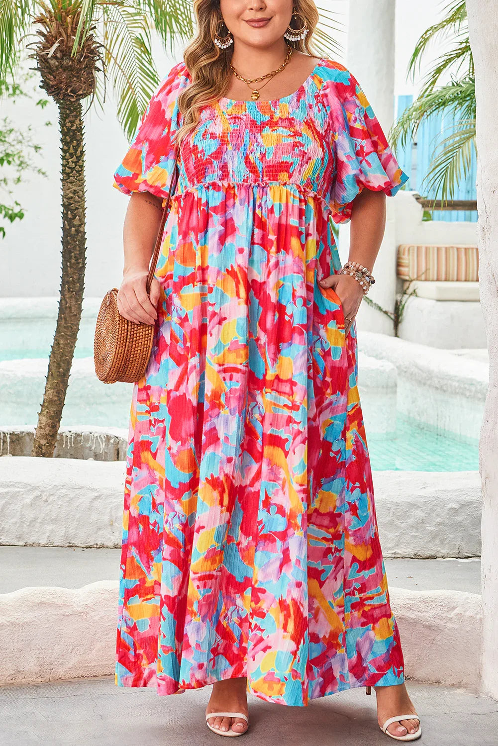 Rose Abstract Printed Puff Sleeve Square Neck Smocked Bust Tied Back Plus Size Dress Dear-Lover Dropshipping Plus Size/Plus Size Dresses/Plus Size Maxi Dresses