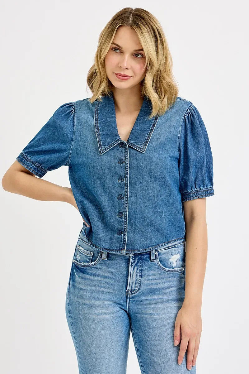 RISEN Button Down Puff Sleeve Crop Denim Shirt Trendsi Shirts