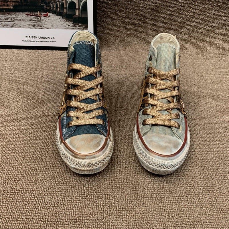 Distressed Riveted Denim High Top Shoes