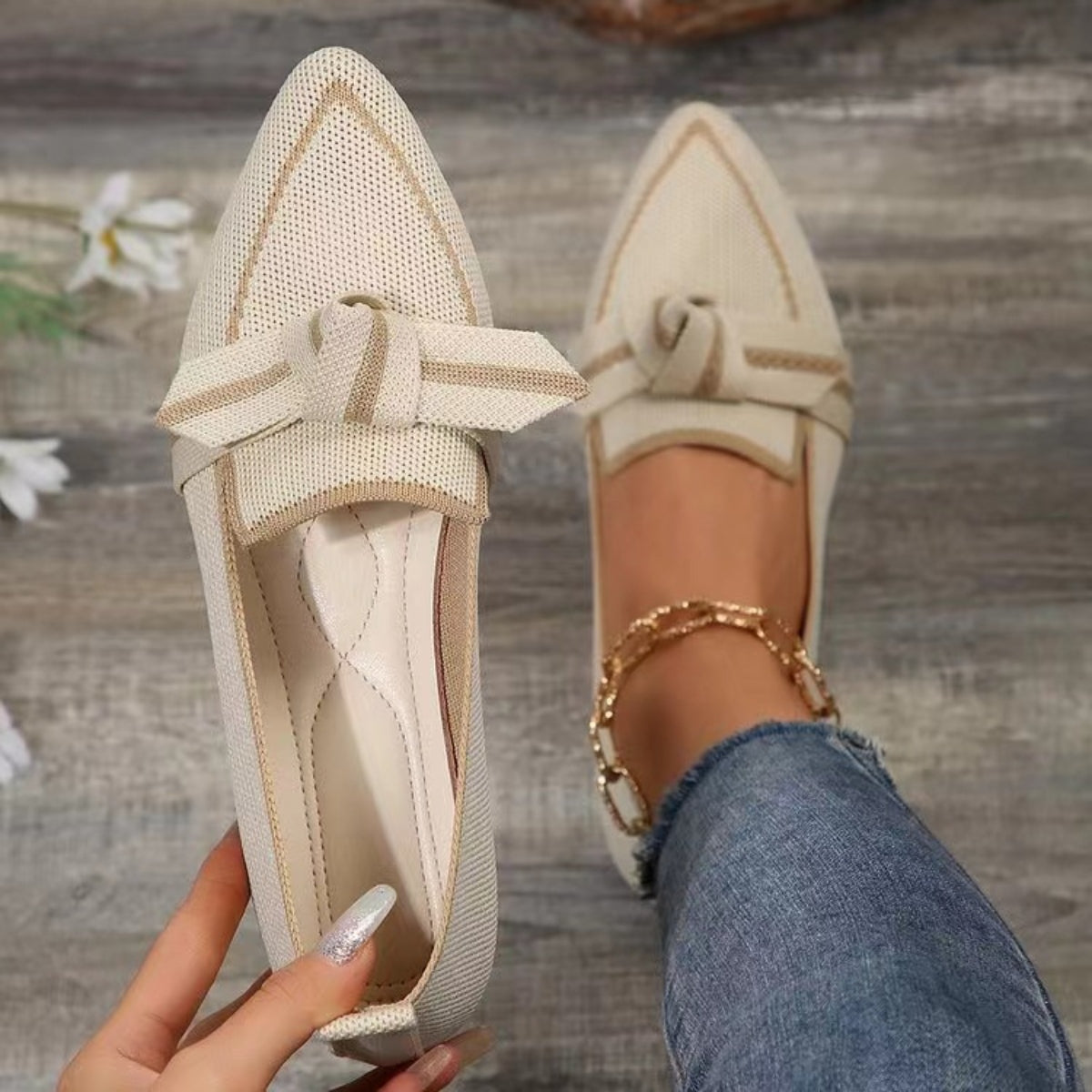 Ivory Bow Contrast Trim Point Toe Loafers