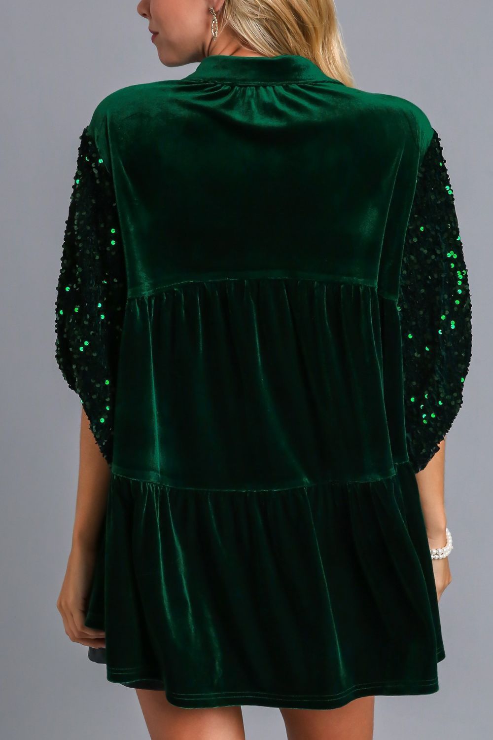 Umgee Sequin Detail Tiered Back Half Sleeve Green Velvet Shirt