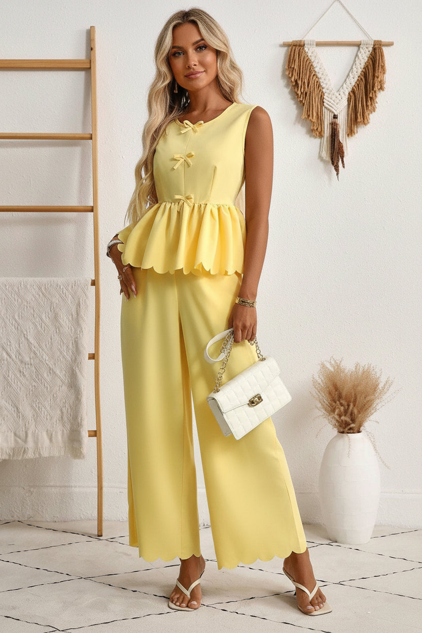 Yellow Two-Piece Wide Leg Pants Set – Scalloped Hem Bow Detail Women’s Outfit CJ Dropshipping Pants Outfit