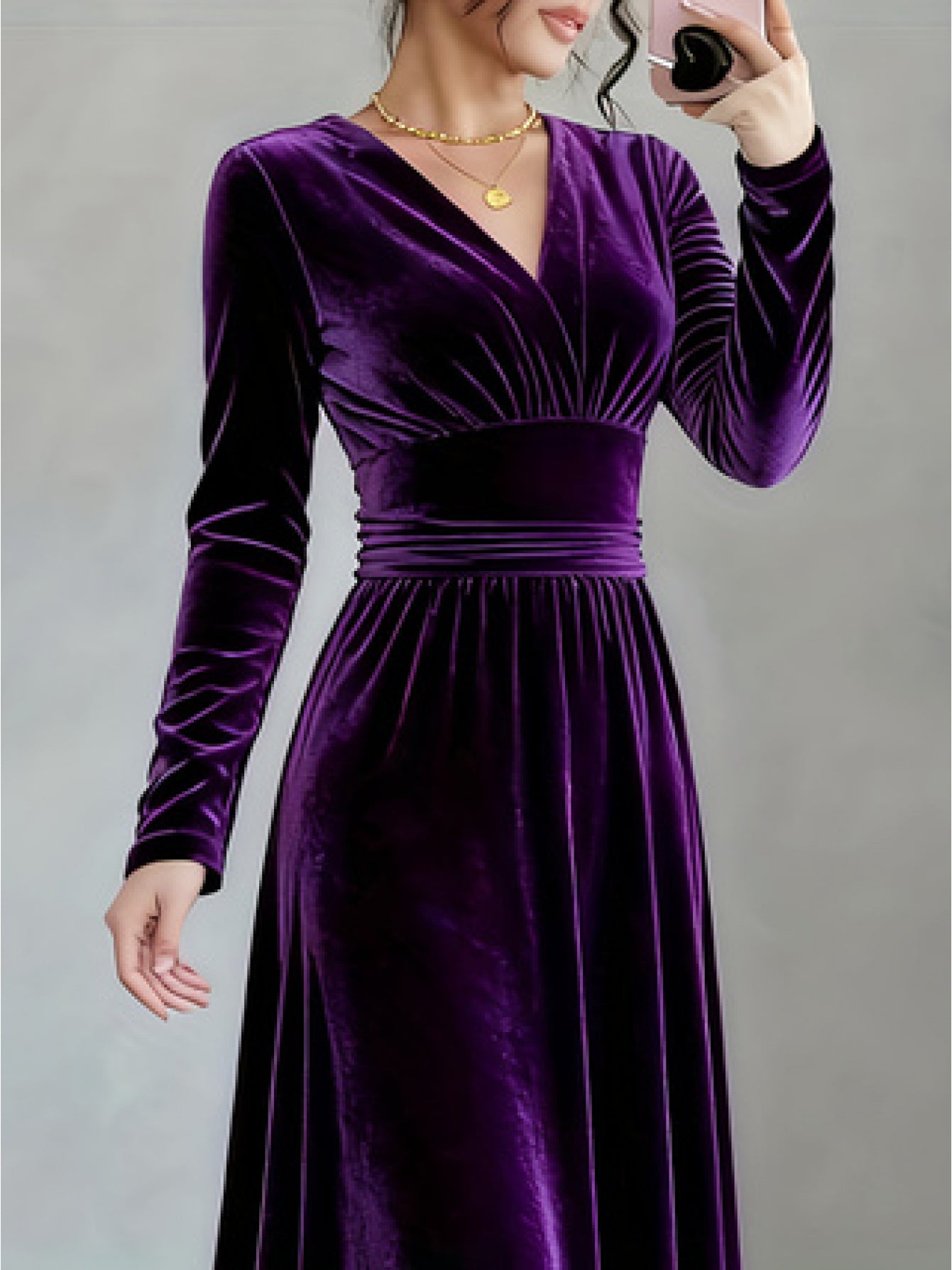 Elegant Velvet Long Sleeve V-Neck Evening Gown