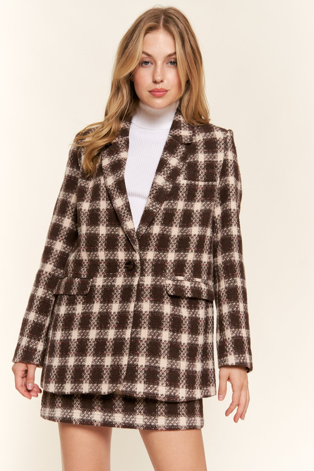 Brown Plaid One Button Suit Blazer