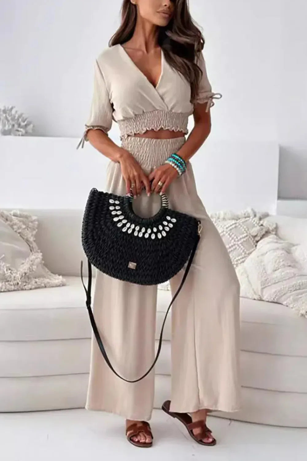 Surplice Short Sleeve Top and Pants Set Dust Storm Bazarre Mart Outfit