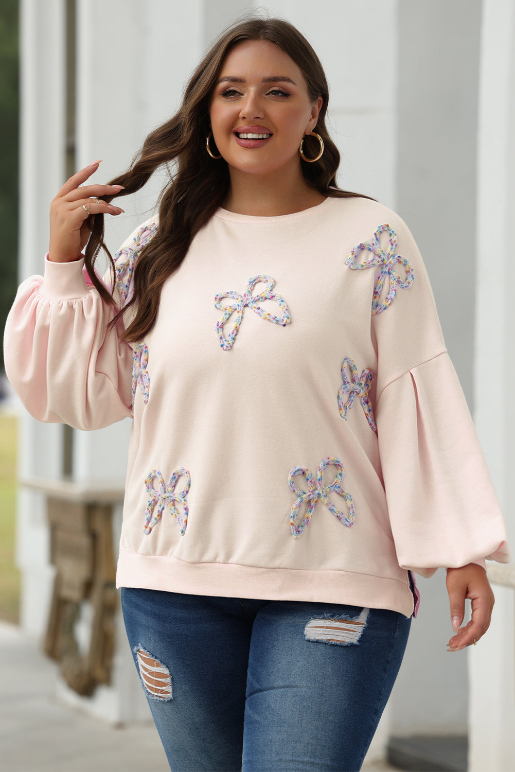 Parchment Embroidered Bow Lantern Sleeve Sweatshirt