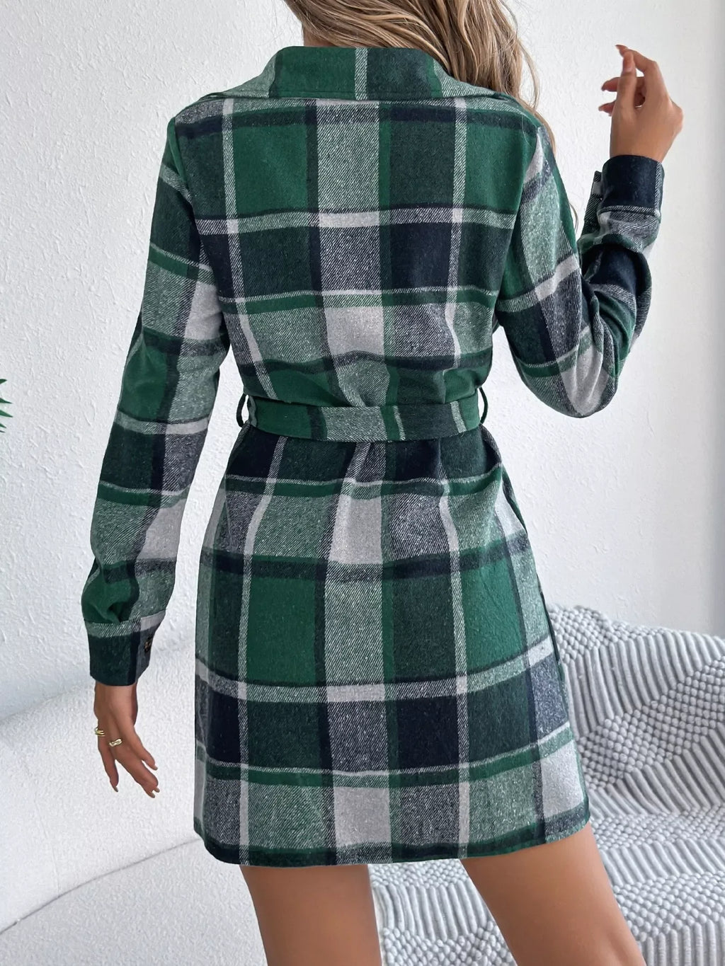 Plaid Button Front Tie Waist Mini Shirt Dress Bazaare Mart Plaid Long Sleeve Shirt Dress